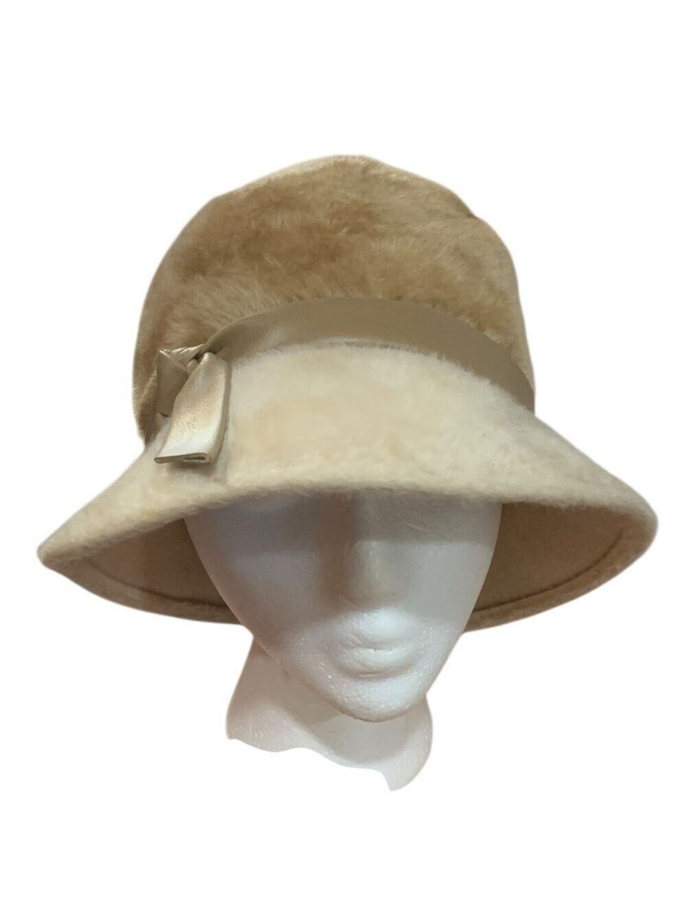 Vntg 60’s Frank Olive tan  faux fur hat with faux leather decorative band